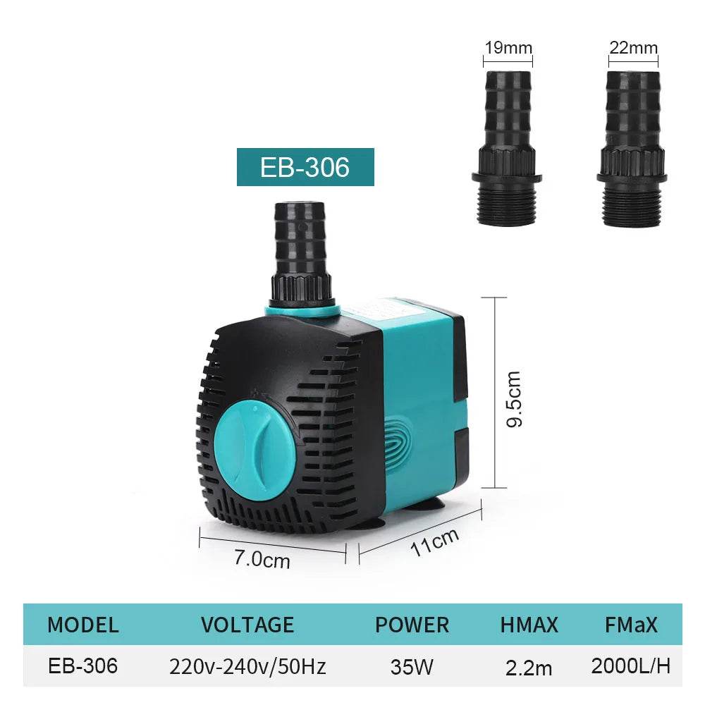 Pompe de fontaine d'eau Submersible Ultra silencieuse 3-60W, filtre pour étang à poissons, pompe à eau d'aquarium, fontaine de réservoir EU US 220V-240V - Animaleriex