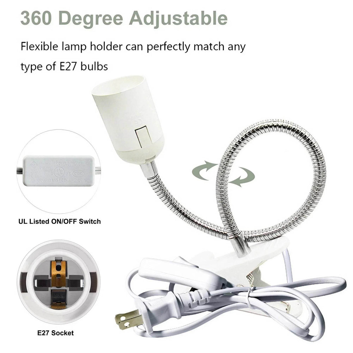 Support de lampe de bureau Flexible à 360 degrés, prise EU US, Base de lumière E27, câble à clipser à col de cygne avec interrupteur d'alimentation pour la maison - Animaleriex