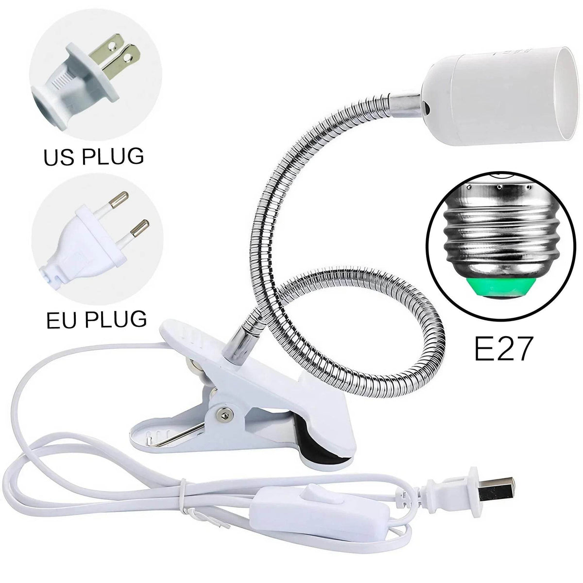 Support de lampe de bureau Flexible à 360 degrés, prise EU US, Base de lumière E27, câble à clipser à col de cygne avec interrupteur d'alimentation pour la maison - Animaleriex