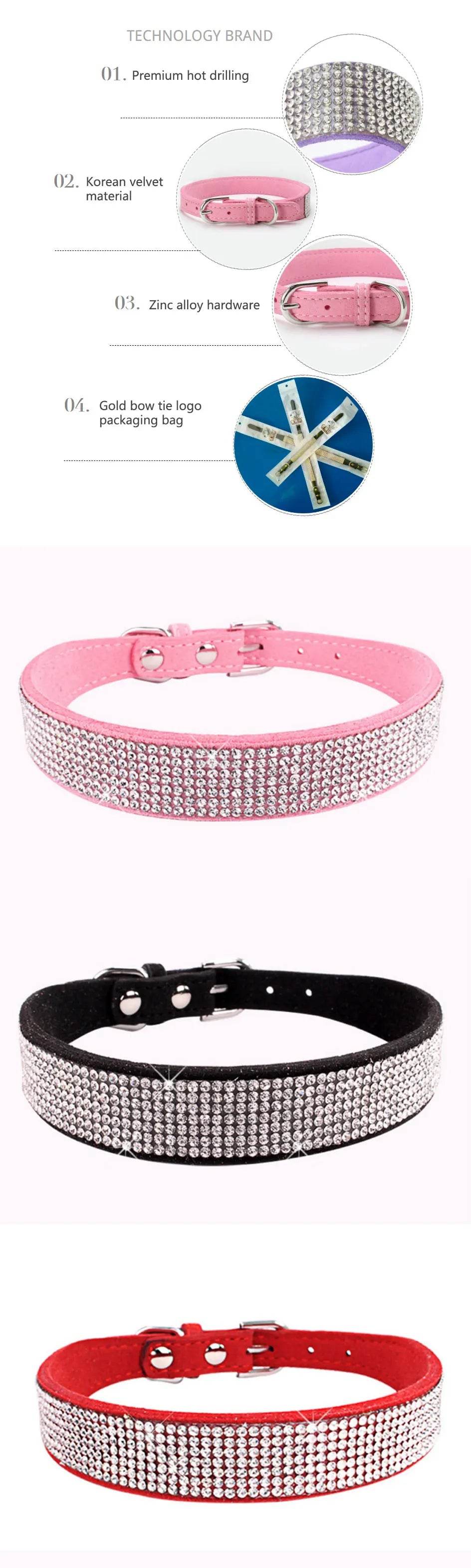 Collier pour chien en Fiber de daim et cristal, confortable, à paillettes, strass, en alliage de Zinc, avec boucle, pour petits chiens et chats, XXS-L - Animaleriex