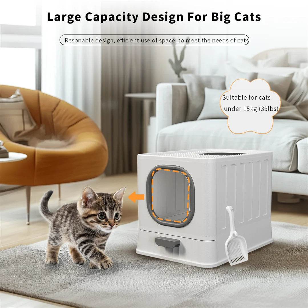 BingoPaw Bac à litière pour chat : pliable, entrée supérieure, très grande toilette pour chat avec couvercle, bac à litière pour chaton, design de tiroir facile à nettoyer - Animaleriex