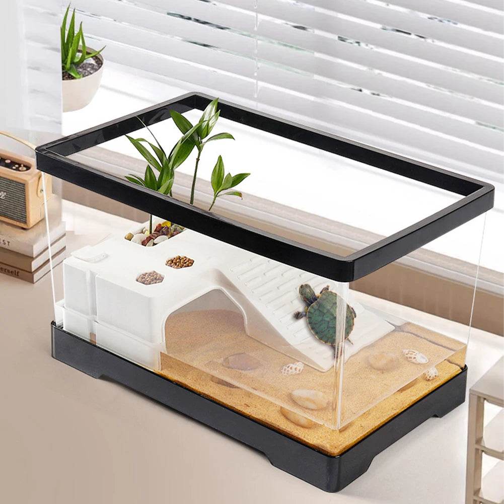 Grand réservoir de tortues Transparent, réservoir de poissons d'aquarium avec Drain de fond, Reptiles amphibiens avec plate-forme de baignade, boîte d'élevage ouverte - Animaleriex