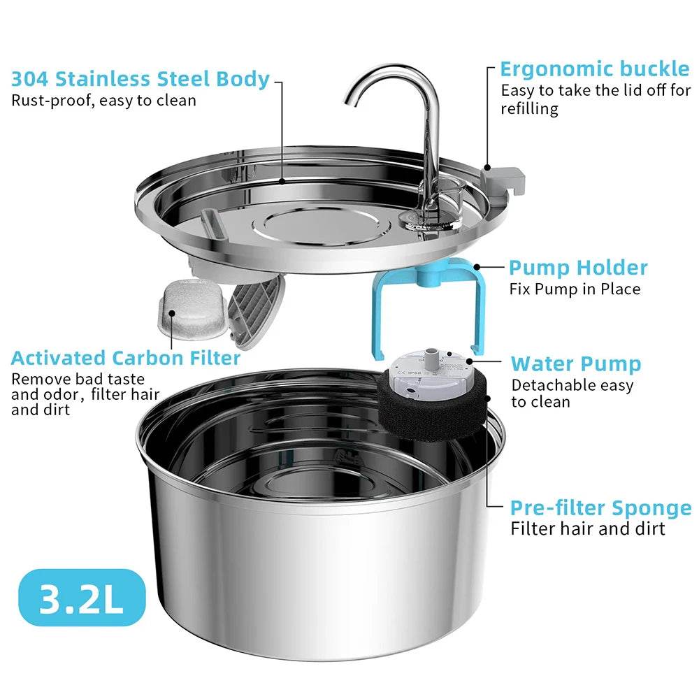 Distributeur d'eau pour animaux de compagnie en acier inoxydable, fontaine d'eau automatique pour chat, USB, électrique muet pour chat et chien, fontaine filtrante, bol à boire intelligent - Animaleriex