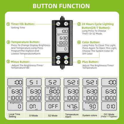 Lumière d'aquarium Programmable avec moniteur LCD et thermomètre pour plantes aquatiques, fonction mémoire, lampe LED à Cycle 24/7 - Animaleriex