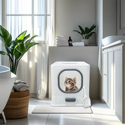 BingoPaw Bac à litière pour chat : pliable, entrée supérieure, très grande toilette pour chat avec couvercle, bac à litière pour chaton, design de tiroir facile à nettoyer - Animaleriex