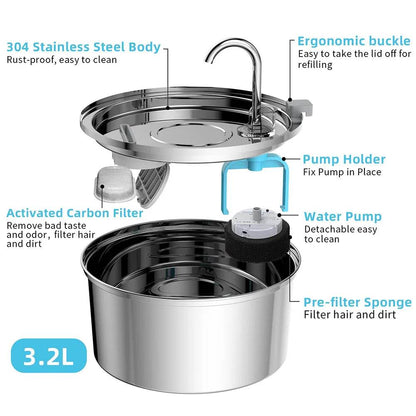 Distributeur d'eau pour animaux de compagnie en acier inoxydable, fontaine d'eau automatique pour chat, USB, électrique muet pour chat et chien, fontaine filtrante, bol à boire intelligent - Animaleriex