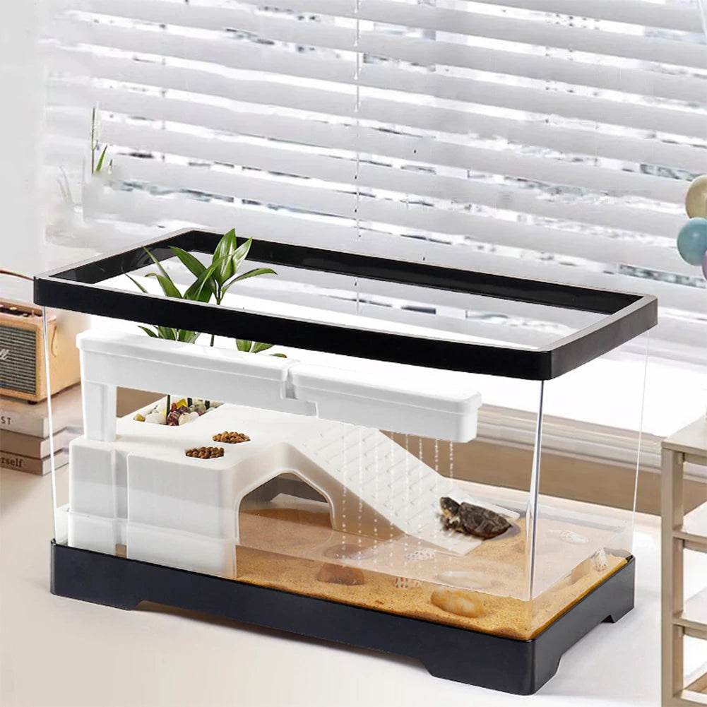 Grand réservoir de tortues Transparent, réservoir de poissons d'aquarium avec Drain de fond, Reptiles amphibiens avec plate-forme de baignade, boîte d'élevage ouverte - Animaleriex
