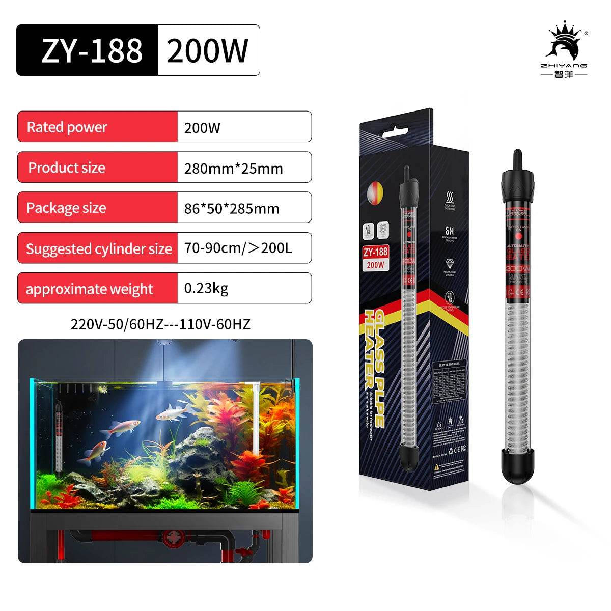 Tige chauffante à Thermostat à température réglable 110v-220v, 25W 50W 100W 200W 300W, Submersible pour Aquarium, réservoir de poissons, chaleur de l'eau - Animaleriex