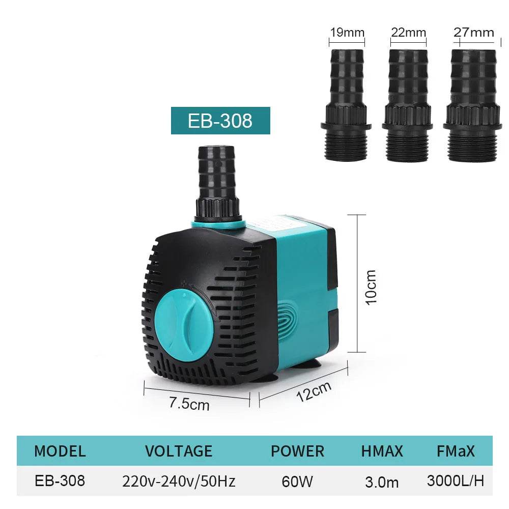 Pompe de fontaine d'eau Submersible Ultra silencieuse 3-60W, filtre pour étang à poissons, pompe à eau d'aquarium, fontaine de réservoir EU US 220V-240V - Animaleriex