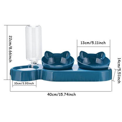 Bols Triple pour chats et chiens, mangeoire pour animaux de compagnie, Double bols 2 en 1 avec bouteille à boire automatique, conception inclinée et rotative pour chats et chiens - Animaleriex