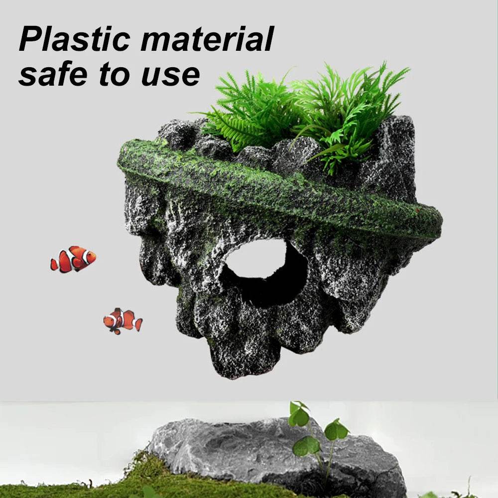 Aquarium d'île suspendu décoratif, pierre flottante créative, Simulation de plantes, cavernes, ornements artisanaux, accessoires d'aquarium - Animaleriex