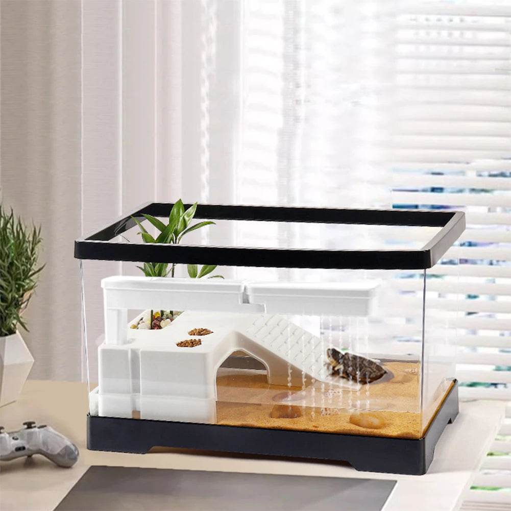 Grand réservoir de tortues Transparent, réservoir de poissons d'aquarium avec Drain de fond, Reptiles amphibiens avec plate-forme de baignade, boîte d'élevage ouverte - Animaleriex