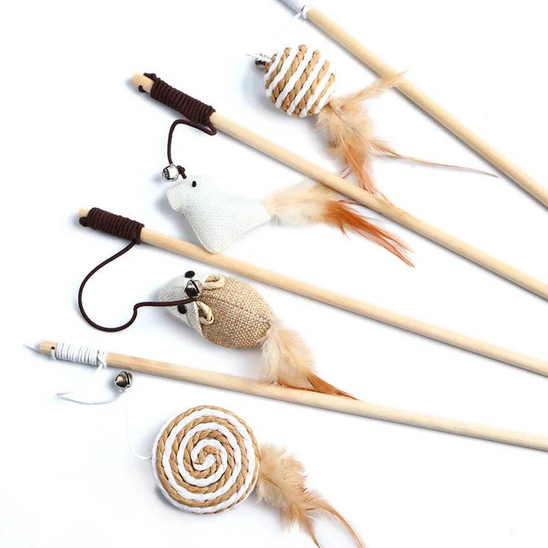 1PC Teaser plume jouets chaton drôle coloré tige chat baguette jouets bois animal chat jouets interactif bâton animal chat fournitures - Animaleriex