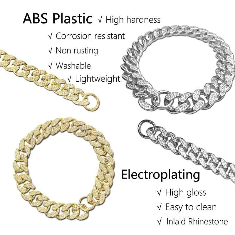 Collier de chaîne de chien en plastique or collier clouté de diamant de luxe pour chiens de taille moyenne bijoux pour animaux de compagnie collier accessoires chaîne cubaine - Animaleriex