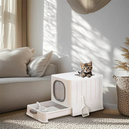 BingoPaw Bac à litière pour chat : pliable, entrée supérieure, très grande toilette pour chat avec couvercle, bac à litière pour chaton, design de tiroir facile à nettoyer - Animaleriex
