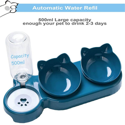 Bols Triple pour chats et chiens, mangeoire pour animaux de compagnie, Double bols 2 en 1 avec bouteille à boire automatique, conception inclinée et rotative pour chats et chiens - Animaleriex