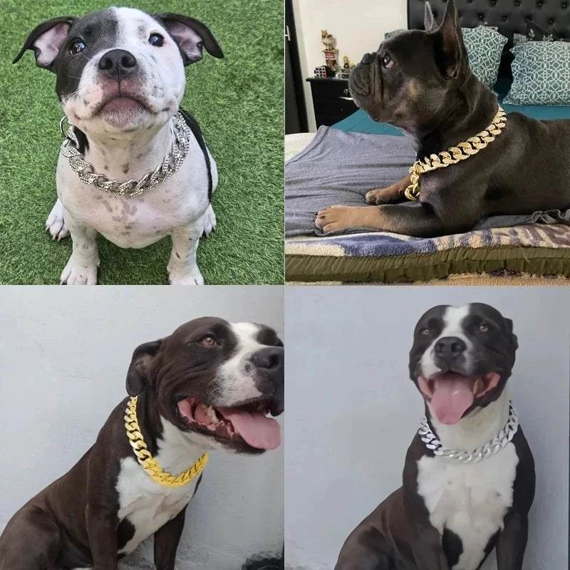 Collier de chaîne de chien en plastique or collier clouté de diamant de luxe pour chiens de taille moyenne bijoux pour animaux de compagnie collier accessoires chaîne cubaine - Animaleriex