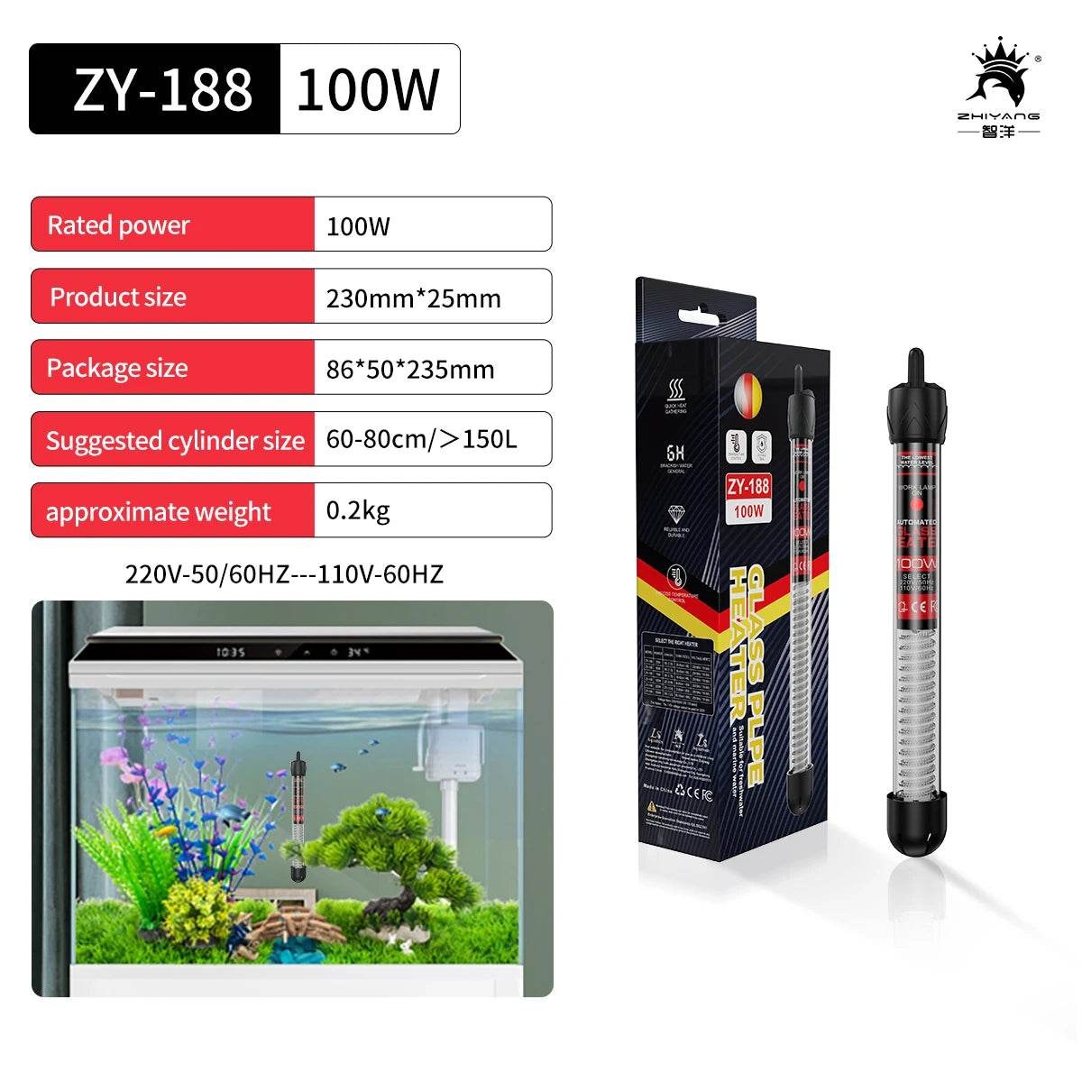 Tige chauffante à Thermostat à température réglable 110v-220v, 25W 50W 100W 200W 300W, Submersible pour Aquarium, réservoir de poissons, chaleur de l'eau - Animaleriex