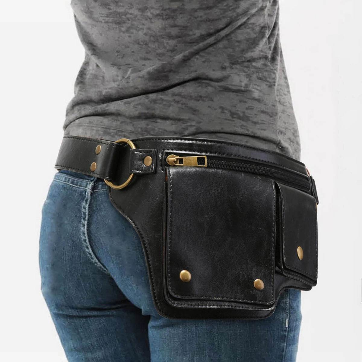Sac de taille de Style moto Punk Cool, sac de ceinture réglable rétro pour Sports de plein air, sac banane à la mode - Animaleriex